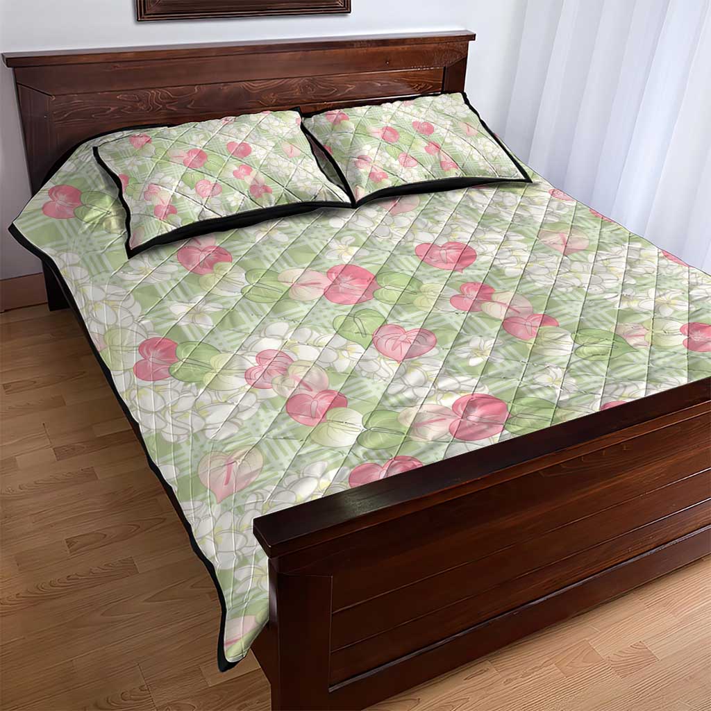 Anthurium Plumeria Lei Pastel Quilt Bed Set Green Hawaiian Splendid Palaka LT01 - Polynesian Pride