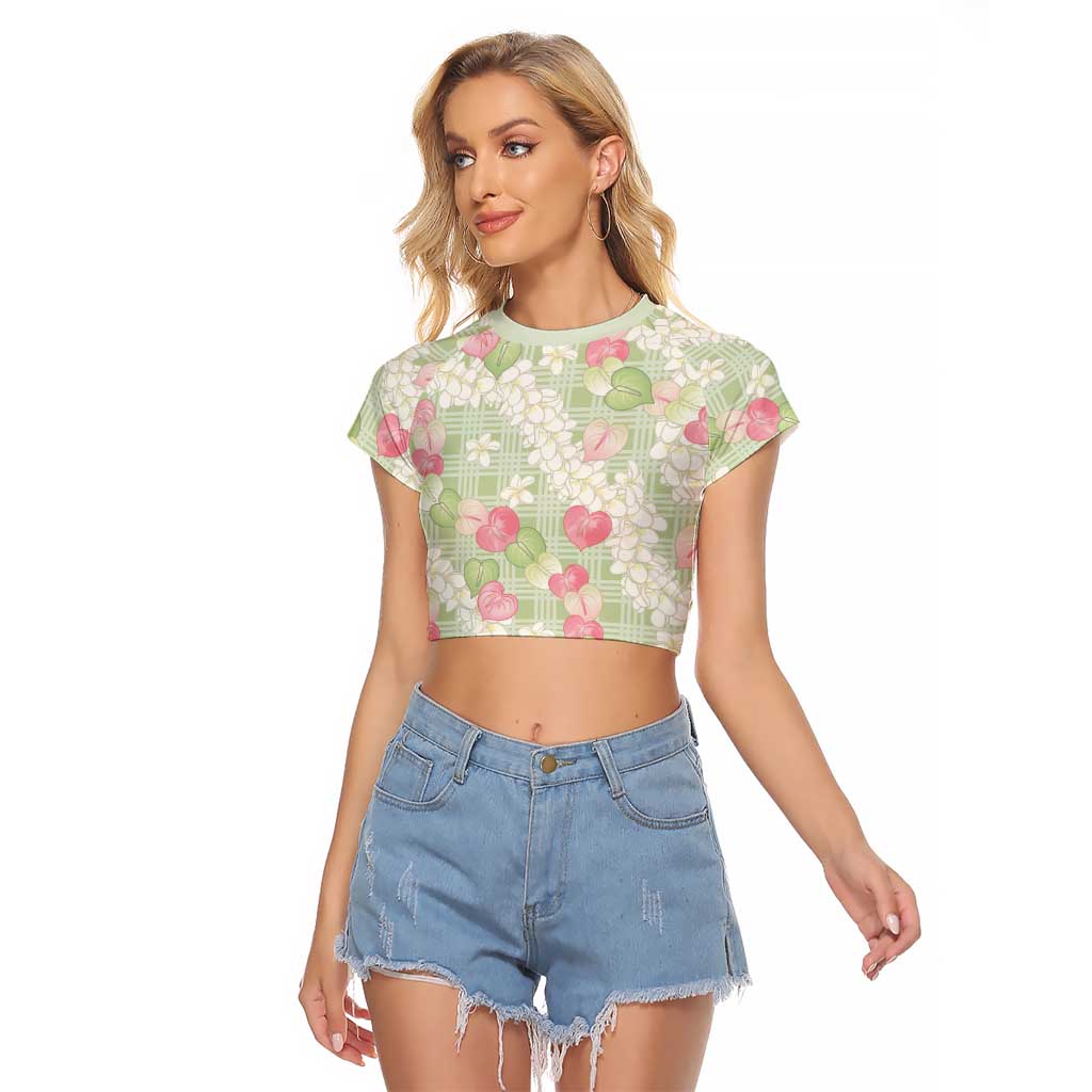 Anthurium Plumeria Lei Pastel Raglan Cropped T Shirt Green Hawaiian Splendid Palaka LT01 Female Green - Polynesian Pride
