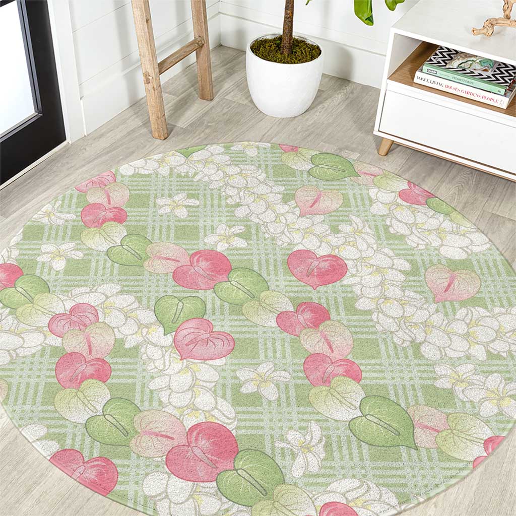 Anthurium Plumeria Lei Pastel Round Carpet Green Hawaiian Splendid Palaka LT01 Green - Polynesian Pride