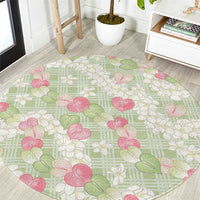Anthurium Plumeria Lei Pastel Round Carpet Green Hawaiian Splendid Palaka LT01 Green - Polynesian Pride
