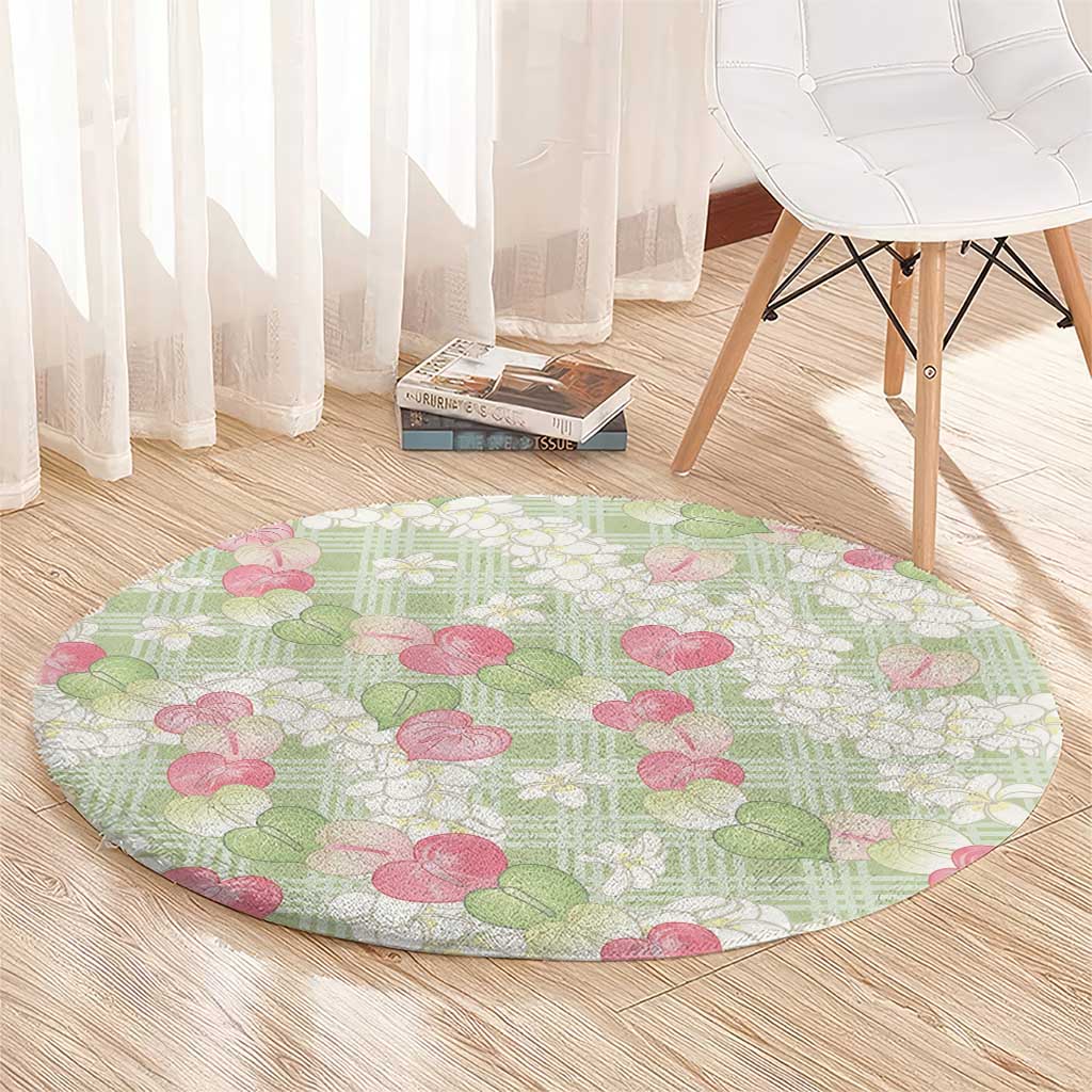 Anthurium Plumeria Lei Pastel Round Carpet Green Hawaiian Splendid Palaka LT01 - Polynesian Pride