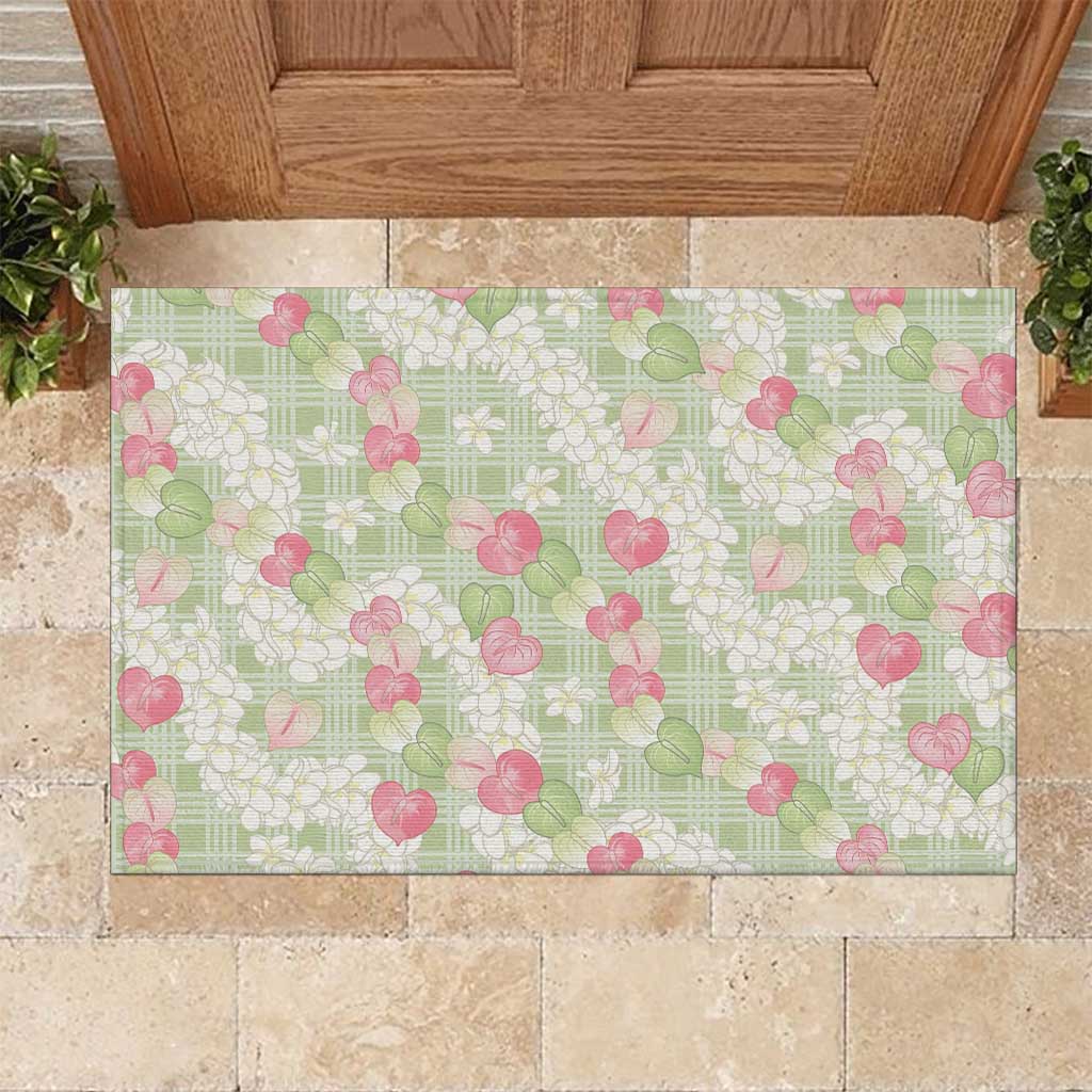 Anthurium Plumeria Lei Pastel Rubber Doormat Green Hawaiian Splendid Palaka LT01 Green - Polynesian Pride