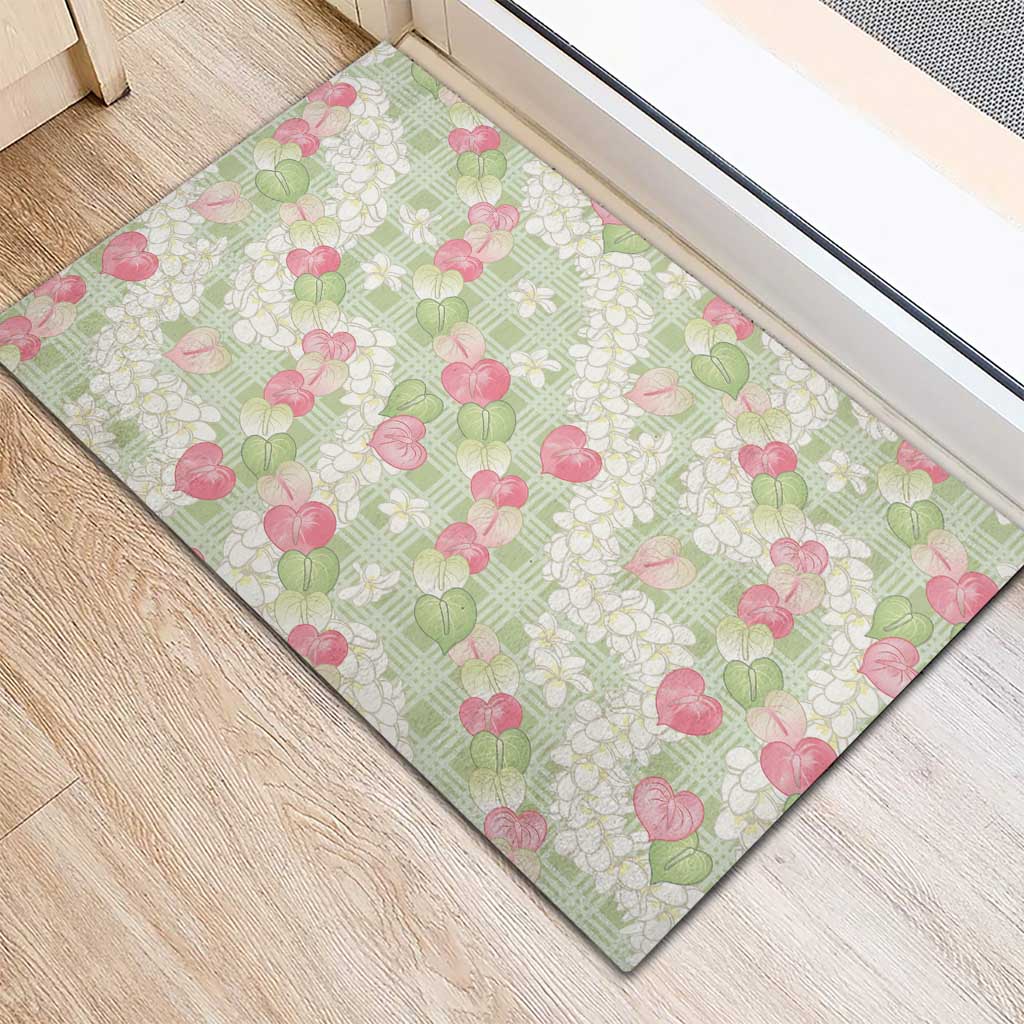 Anthurium Plumeria Lei Pastel Rubber Doormat Green Hawaiian Splendid Palaka LT01 - Polynesian Pride