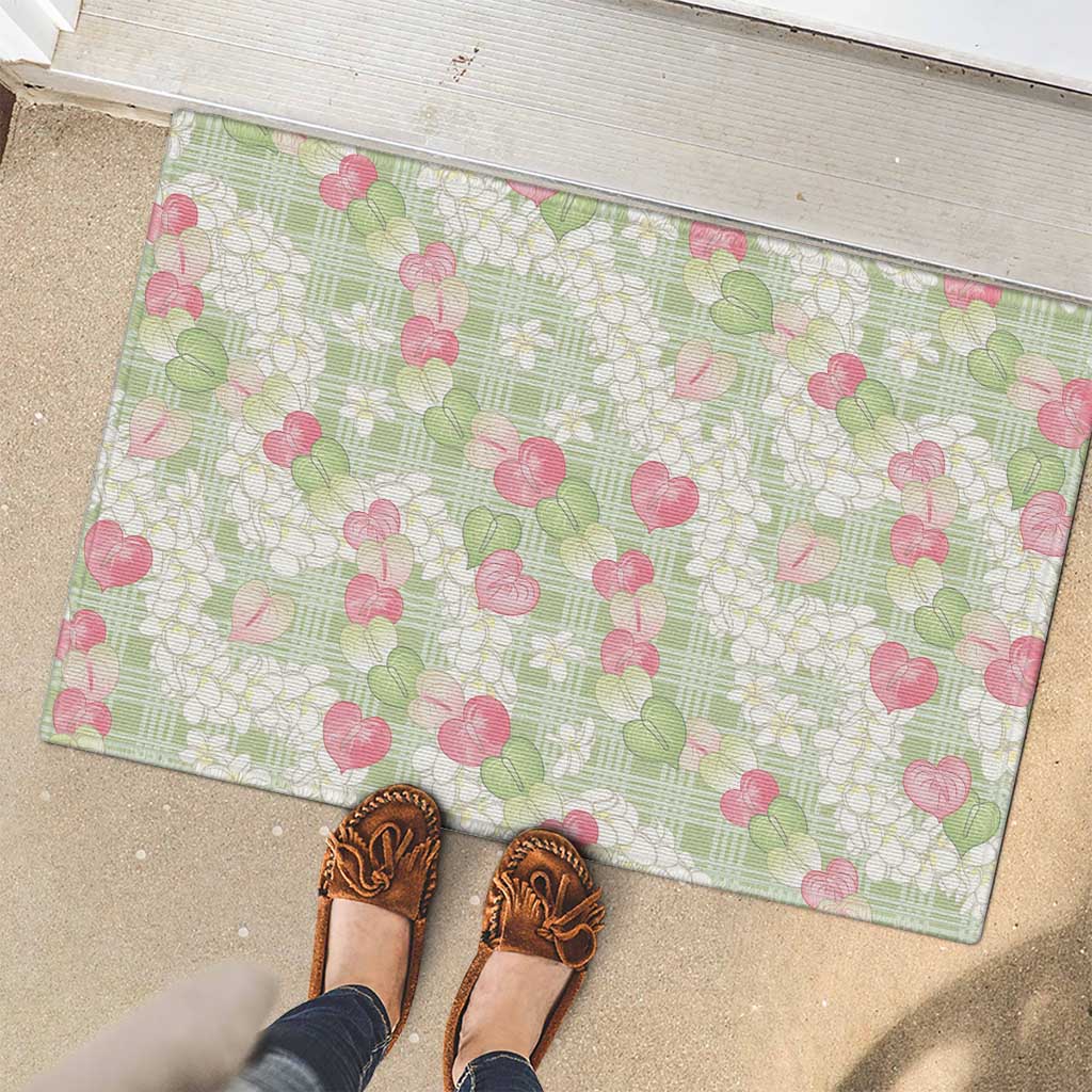Anthurium Plumeria Lei Pastel Rubber Doormat Green Hawaiian Splendid Palaka LT01 - Polynesian Pride