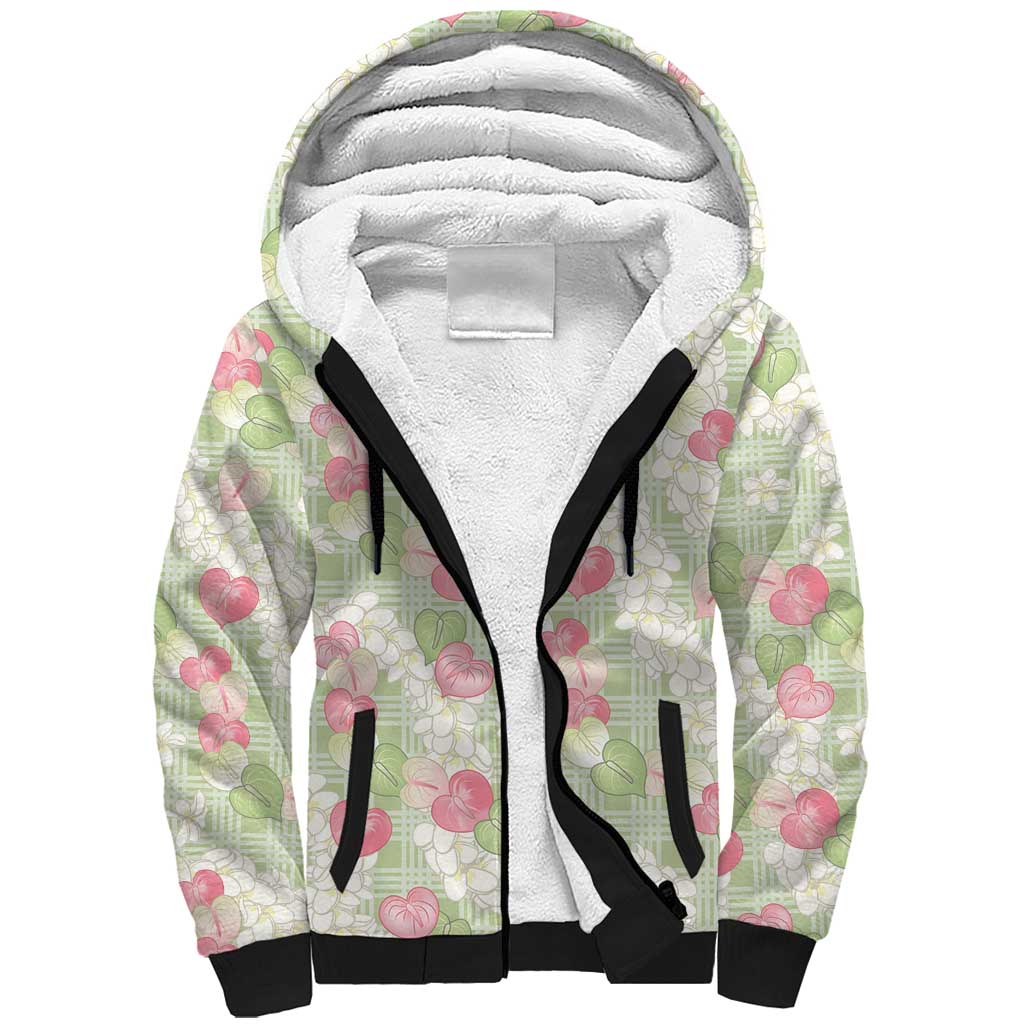 Anthurium Plumeria Lei Pastel Sherpa Hoodie Green Hawaiian Splendid Palaka LT01 Unisex Green - Polynesian Pride