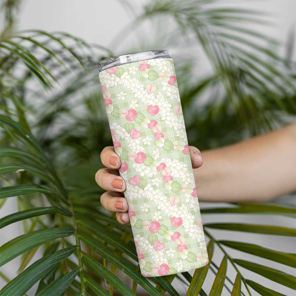 Anthurium Plumeria Lei Pastel Skinny Tumbler Green Hawaiian Splendid Palaka LT01 - Polynesian Pride