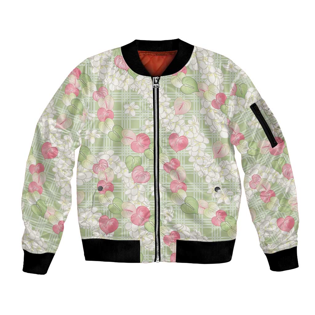Anthurium Plumeria Lei Pastel Sleeve Zip Bomber Jacket Green Hawaiian Splendid Palaka LT01 Unisex Green - Polynesian Pride