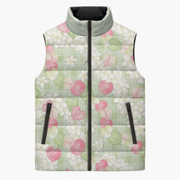 Anthurium Plumeria Lei Pastel Sleeveless Puffer Jacket Green Hawaiian Splendid Palaka LT01 Unisex Green - Polynesian Pride
