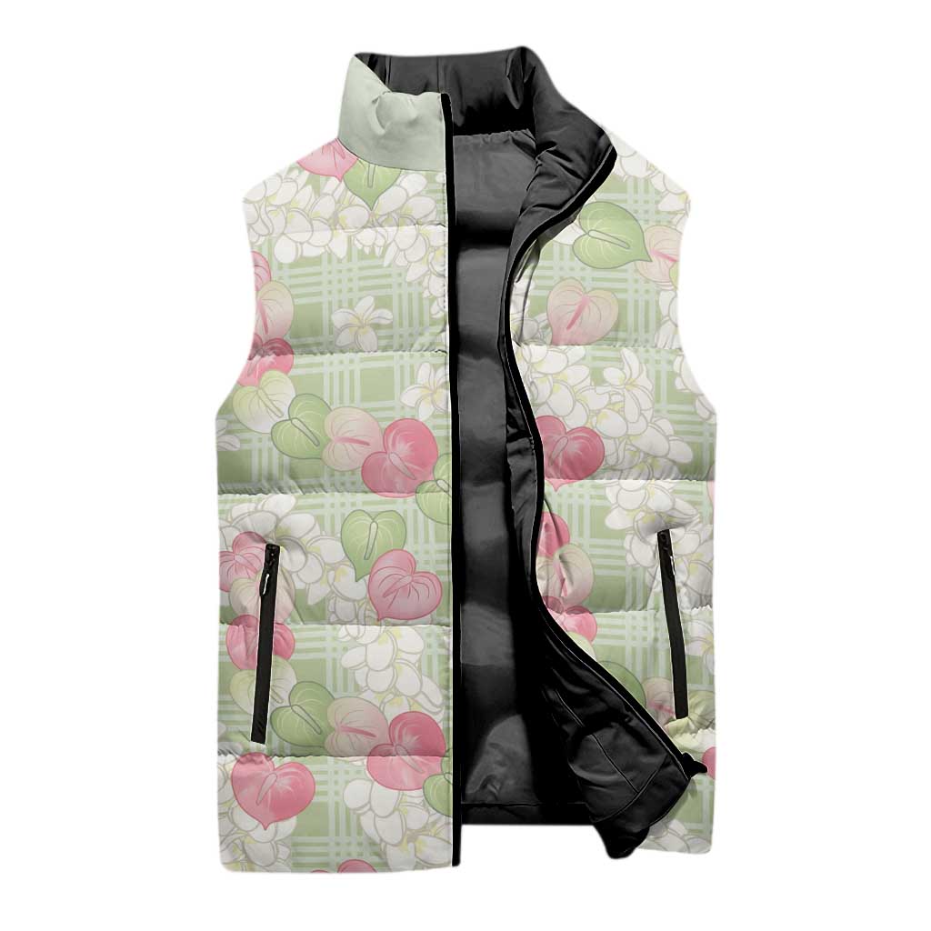 Anthurium Plumeria Lei Pastel Sleeveless Puffer Jacket Green Hawaiian Splendid Palaka LT01 - Polynesian Pride