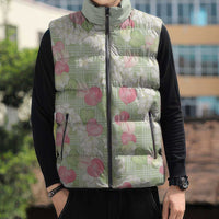 Anthurium Plumeria Lei Pastel Sleeveless Puffer Jacket Green Hawaiian Splendid Palaka LT01 - Polynesian Pride