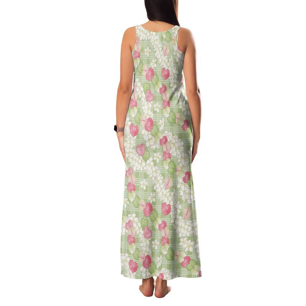 Anthurium Plumeria Lei Pastel Tank Maxi Dress Green Hawaiian Splendid Palaka LT01 - Polynesian Pride