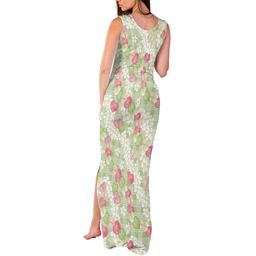 Anthurium Plumeria Lei Pastel Tank Maxi Dress Green Hawaiian Splendid Palaka LT01 - Polynesian Pride