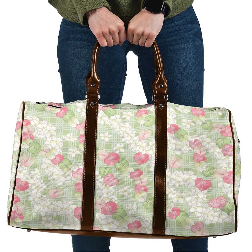 Anthurium Plumeria Lei Pastel Travel Bag Green Hawaiian Splendid Palaka LT01 Green - Polynesian Pride