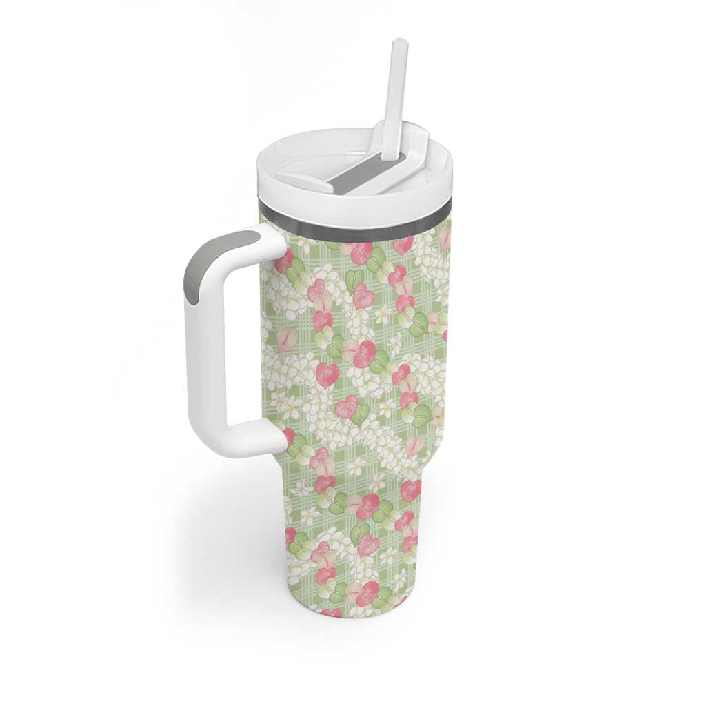 Anthurium Plumeria Lei Pastel Tumbler With Handle Green Hawaiian Splendid Palaka LT01 - Polynesian Pride