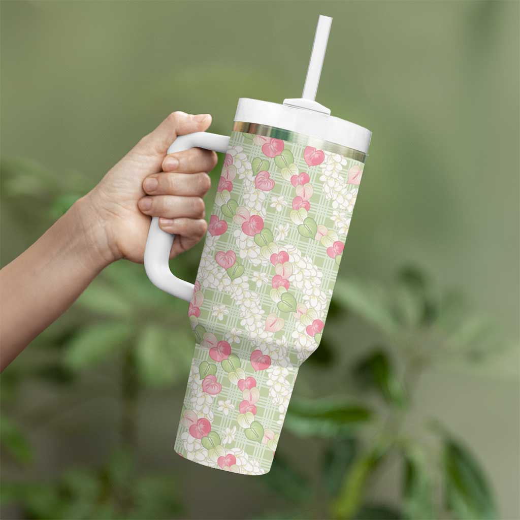 Anthurium Plumeria Lei Pastel Tumbler With Handle Green Hawaiian Splendid Palaka LT01 - Polynesian Pride