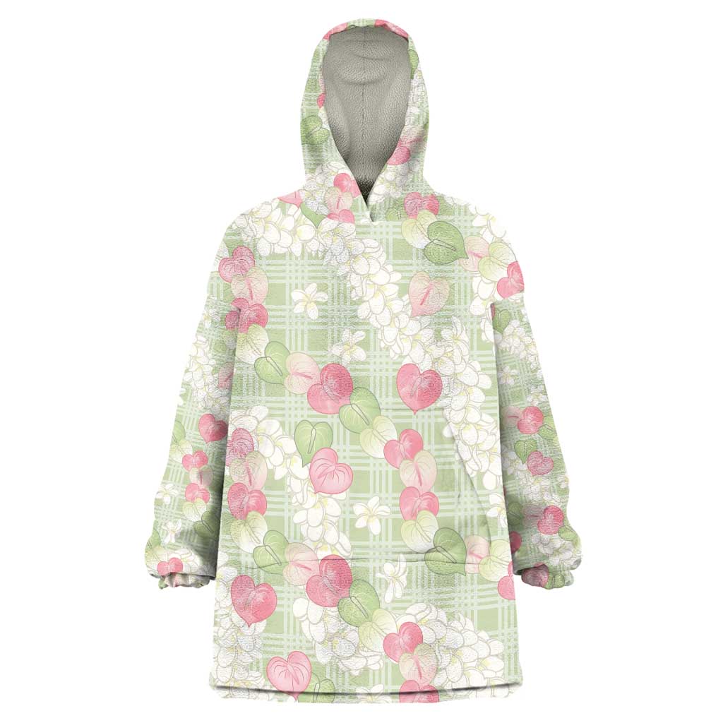 Anthurium Plumeria Lei Pastel Wearable Blanket Hoodie Green Hawaiian Splendid Palaka