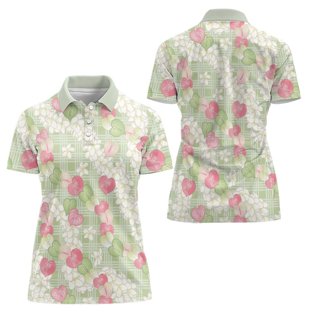 Anthurium Plumeria Lei Pastel Women Polo Shirt Green Hawaiian Splendid Palaka