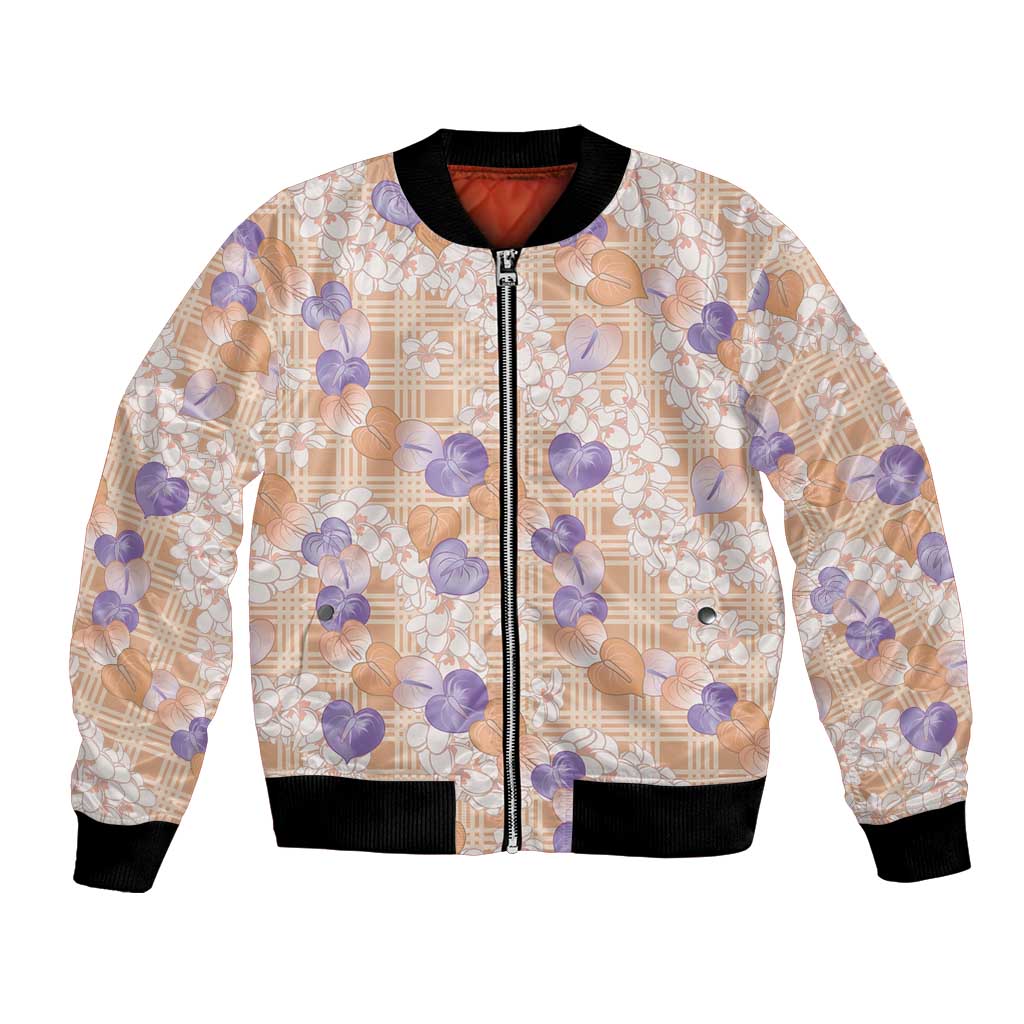 Anthurium Plumeria Lei Pastel Bomber Jacket Orange Hawaiian Splendid Palaka LT01 Unisex Orange - Polynesian Pride