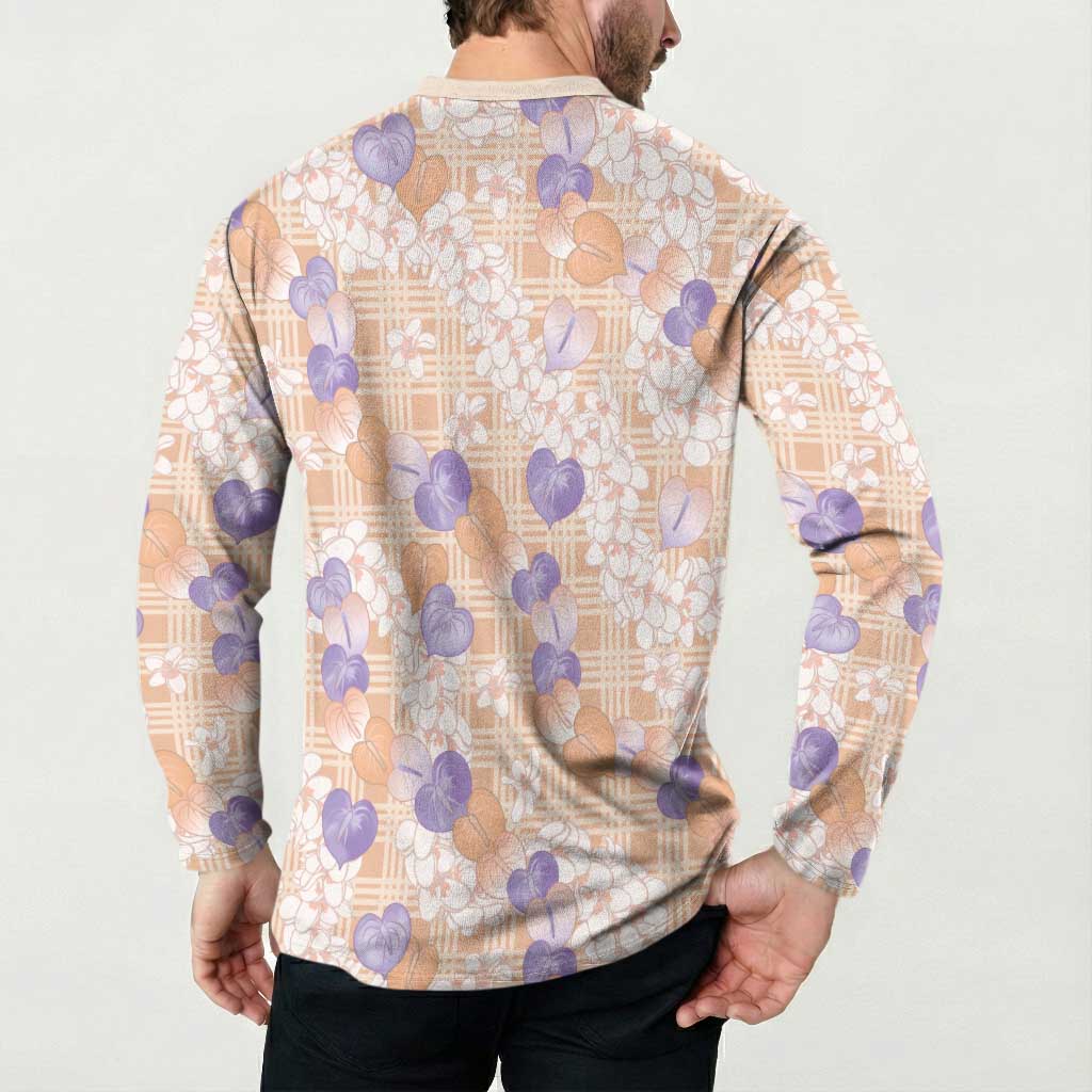 Anthurium Plumeria Lei Pastel Button Sweatshirt Orange Hawaiian Splendid Palaka LT01 - Polynesian Pride