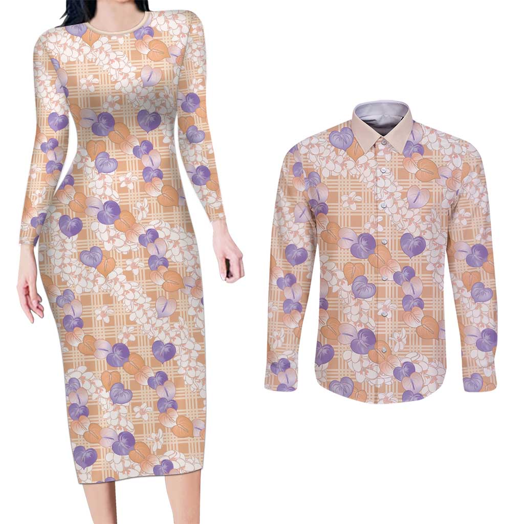 Anthurium Plumeria Lei Pastel Couples Matching Long Sleeve Bodycon Dress and Long Sleeve Button Shirt Orange Hawaiian Splendid Palaka