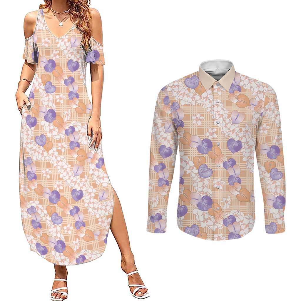 Anthurium Plumeria Lei Pastel Couples Matching Summer Maxi Dress and Long Sleeve Button Shirt Orange Hawaiian Splendid Palaka