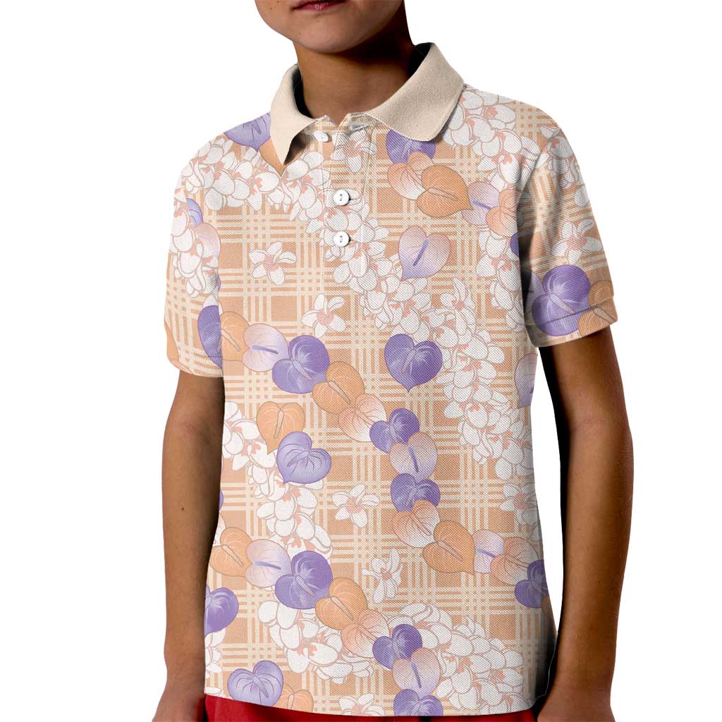 Anthurium Plumeria Lei Pastel Kid Polo Shirt Orange Hawaiian Splendid Palaka LT01 Kid Orange - Polynesian Pride