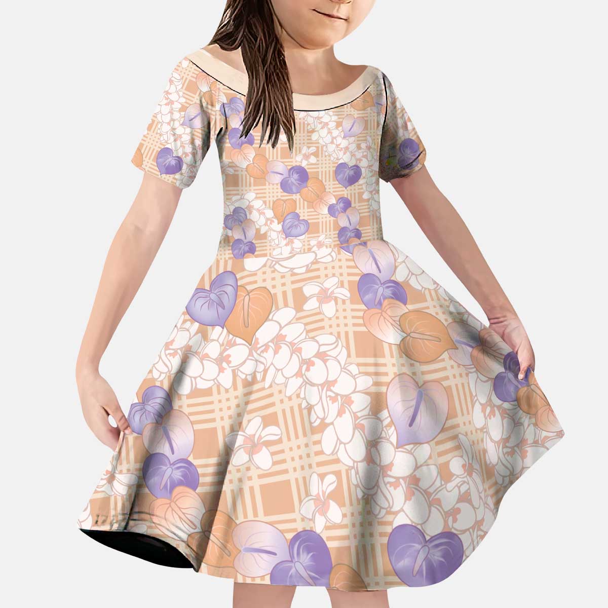 Anthurium Plumeria Lei Pastel Kid Short Sleeve Dress Orange Hawaiian Splendid Palaka LT01 KID Orange - Polynesian Pride