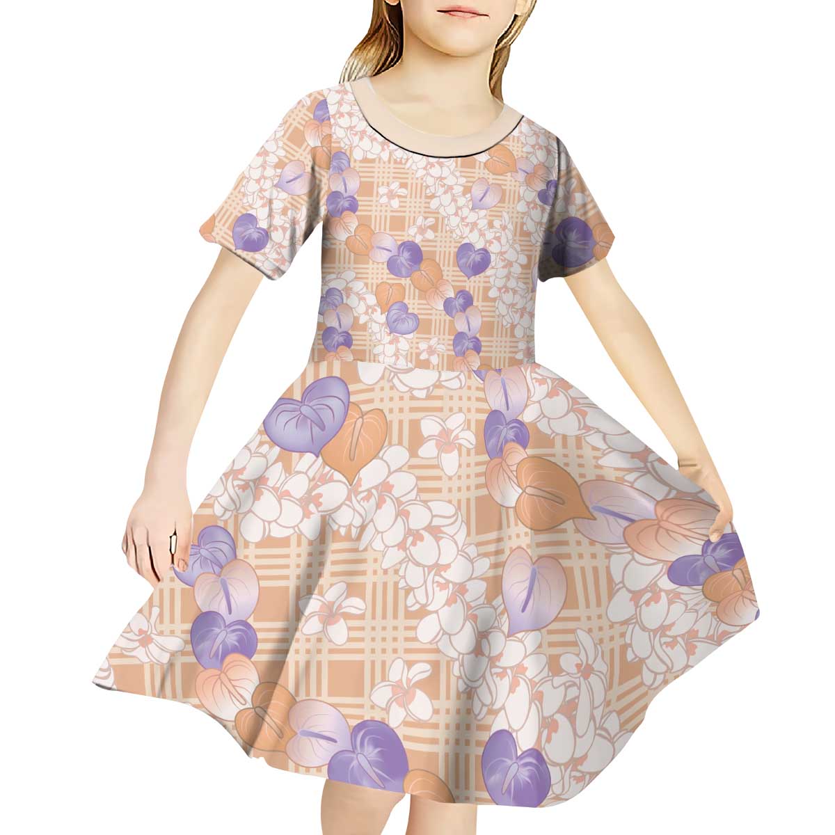 Anthurium Plumeria Lei Pastel Kid Short Sleeve Dress Orange Hawaiian Splendid Palaka LT01 - Polynesian Pride