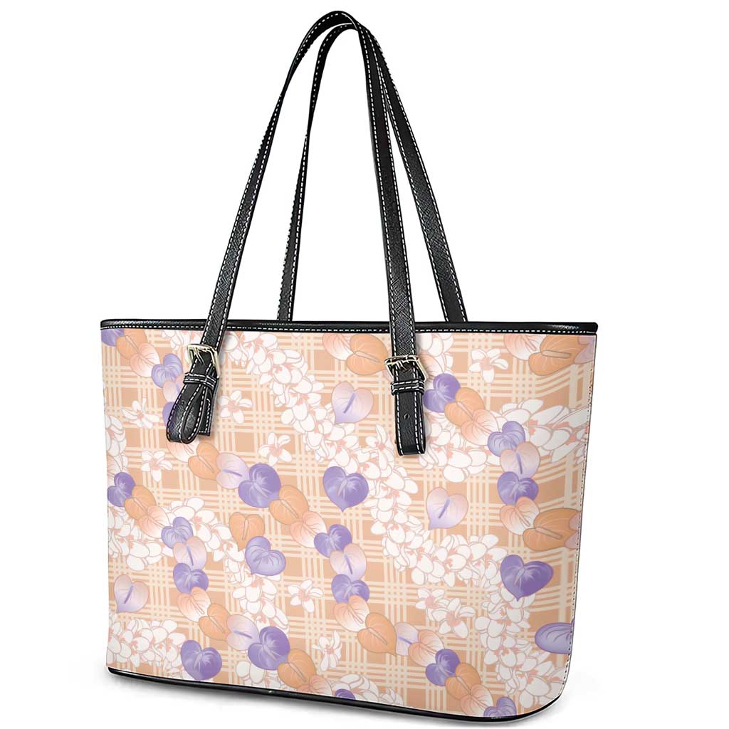 Anthurium Plumeria Lei Pastel Leather Tote Bag Orange Hawaiian Splendid Palaka LT01 - Polynesian Pride