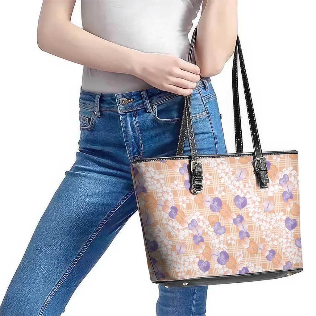 Anthurium Plumeria Lei Pastel Leather Tote Bag Orange Hawaiian Splendid Palaka LT01 - Polynesian Pride