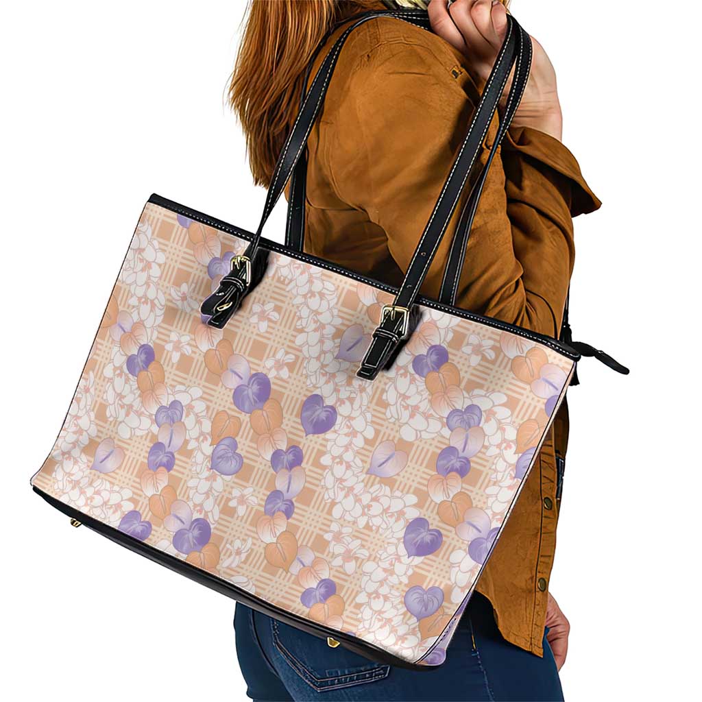 Anthurium Plumeria Lei Pastel Leather Tote Bag Orange Hawaiian Splendid Palaka LT01 - Polynesian Pride