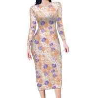 Anthurium Plumeria Lei Pastel Long Sleeve Bodycon Dress Orange Hawaiian Splendid Palaka