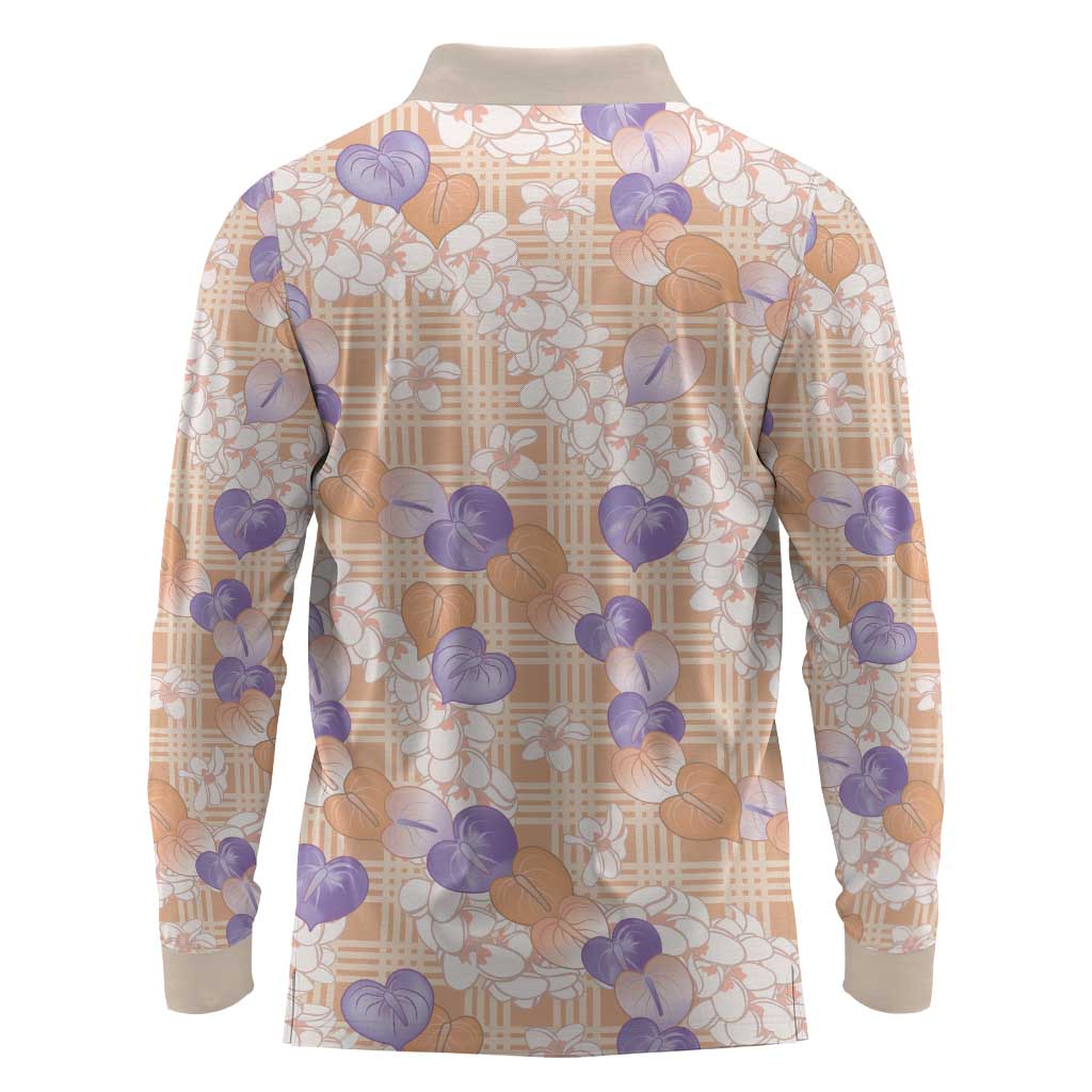 Anthurium Plumeria Lei Pastel Long Sleeve Polo Shirt Orange Hawaiian Splendid Palaka