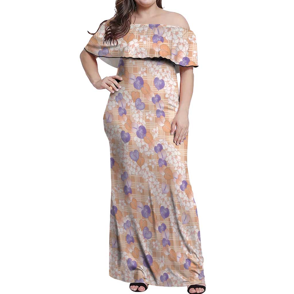 Anthurium Plumeria Lei Pastel Off Shoulder Maxi Dress Orange Hawaiian Splendid Palaka LT01 Women Orange - Polynesian Pride