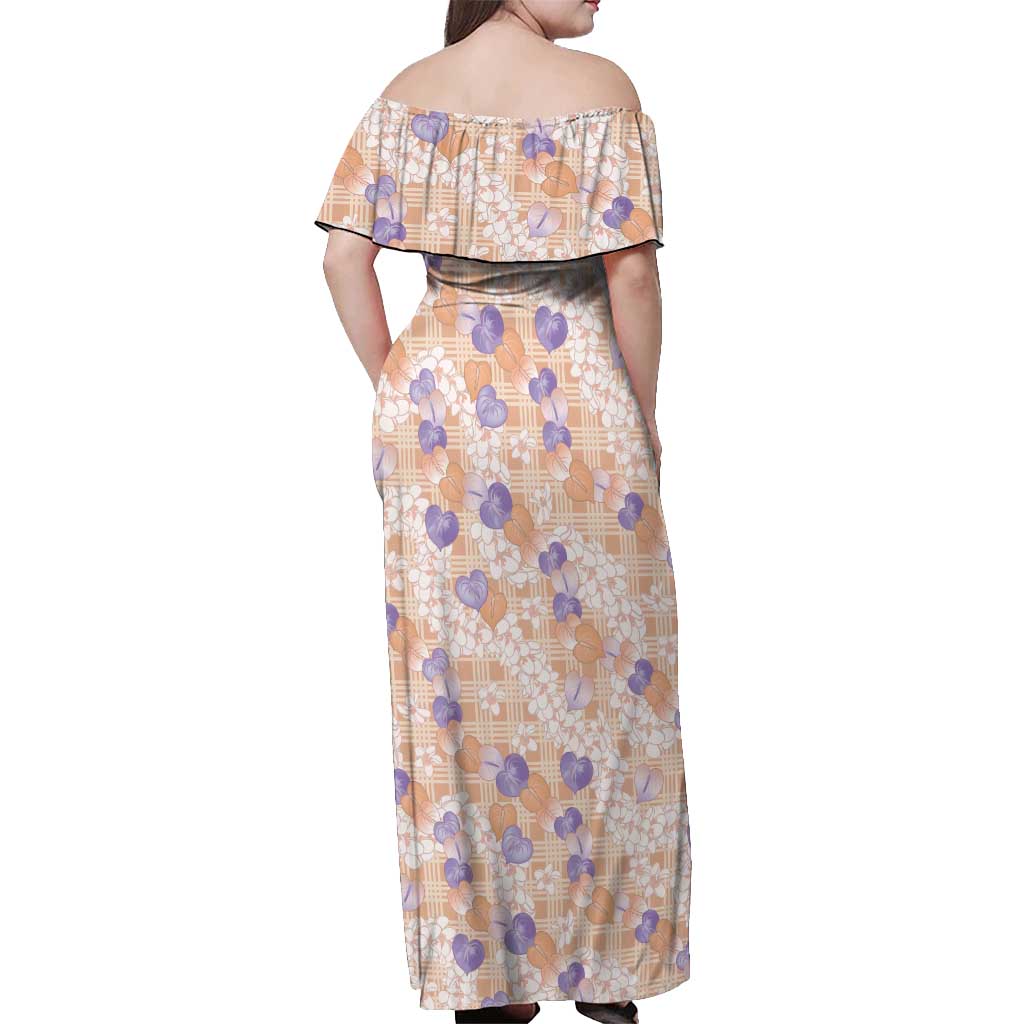 Anthurium Plumeria Lei Pastel Off Shoulder Maxi Dress Orange Hawaiian Splendid Palaka LT01 - Polynesian Pride