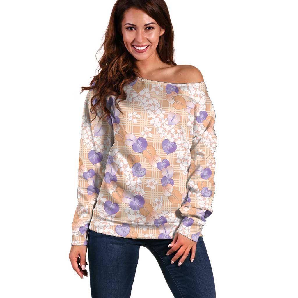 Anthurium Plumeria Lei Pastel Off Shoulder Sweater Orange Hawaiian Splendid Palaka LT01 Women Orange - Polynesian Pride