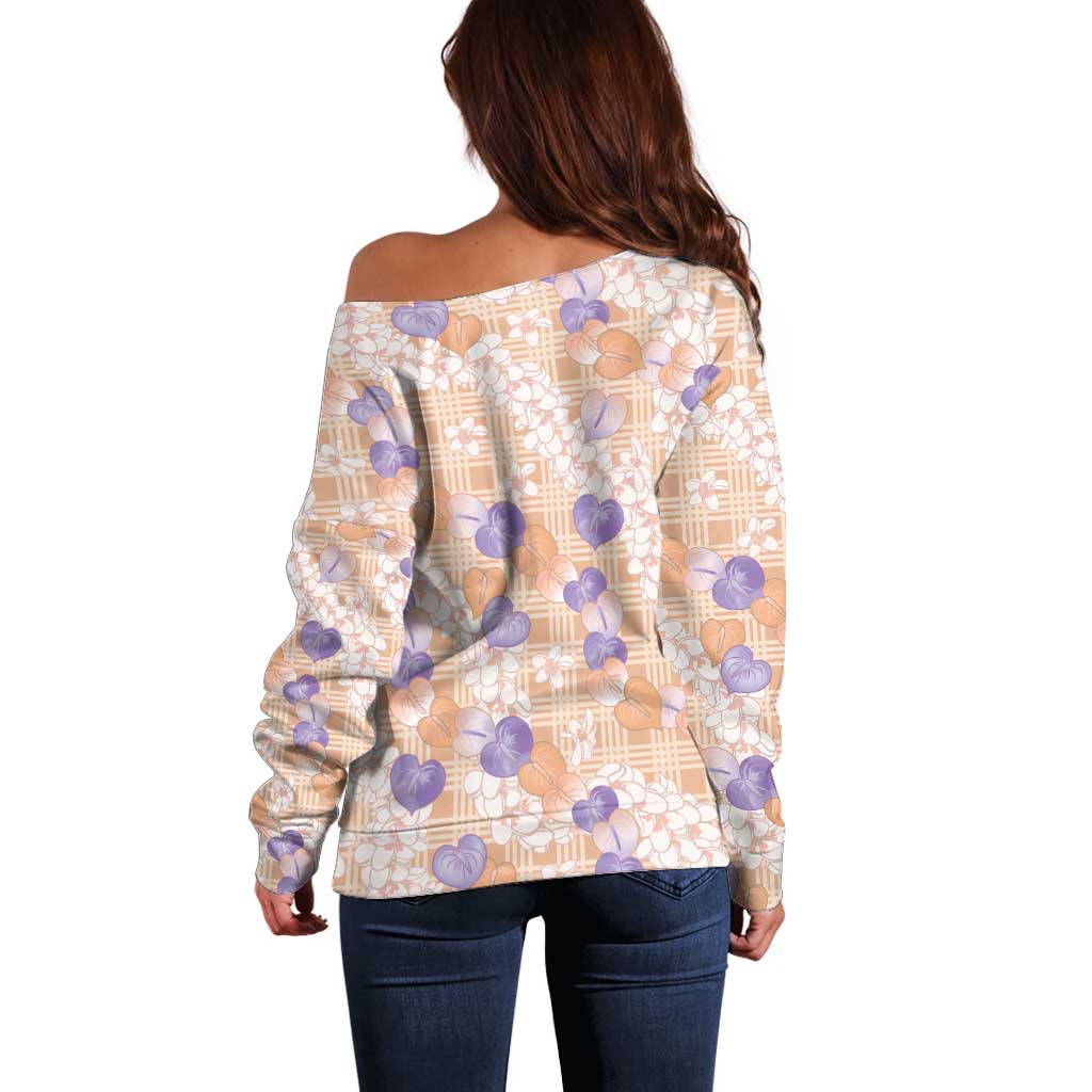 Anthurium Plumeria Lei Pastel Off Shoulder Sweater Orange Hawaiian Splendid Palaka LT01 - Polynesian Pride