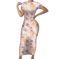 Anthurium Plumeria Lei Pastel Short Sleeve Bodycon Dress Orange Hawaiian Splendid Palaka LT01 Long Dress Orange - Polynesian Pride