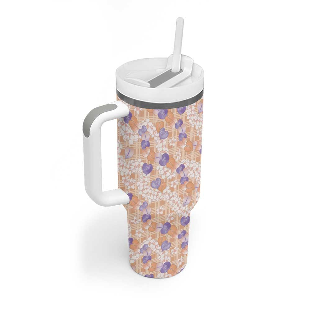 Anthurium Plumeria Lei Pastel Tumbler With Handle Orange Hawaiian Splendid Palaka LT01 - Polynesian Pride