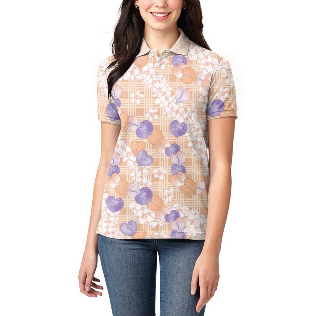 Anthurium Plumeria Lei Pastel Women Polo Shirt Orange Hawaiian Splendid Palaka LT01 - Polynesian Pride