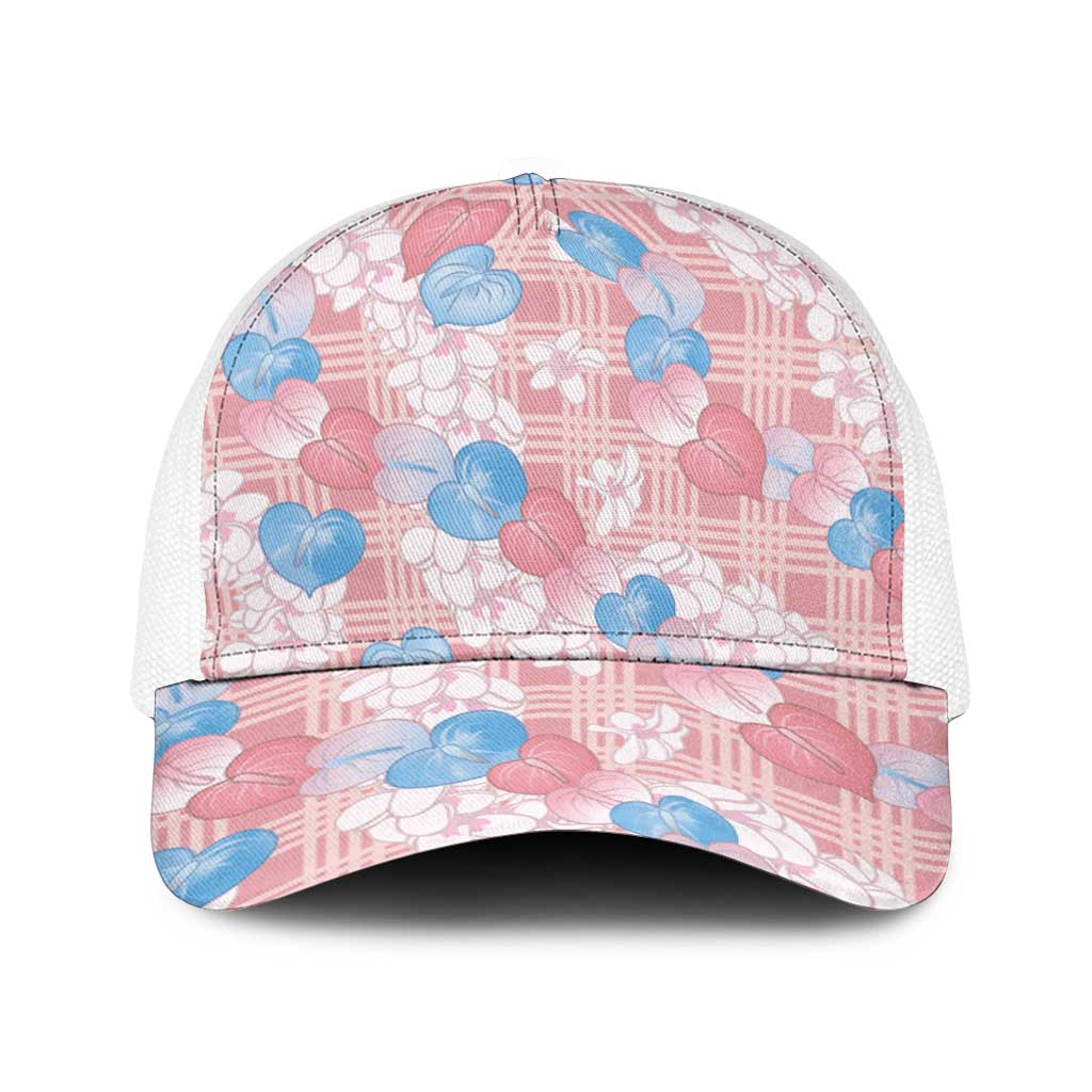 Anthurium Plumeria Lei Pastel Baseball Net Cap Pink Hawaiian Splendid Palaka LT01 One Size White Pink - Polynesian Pride