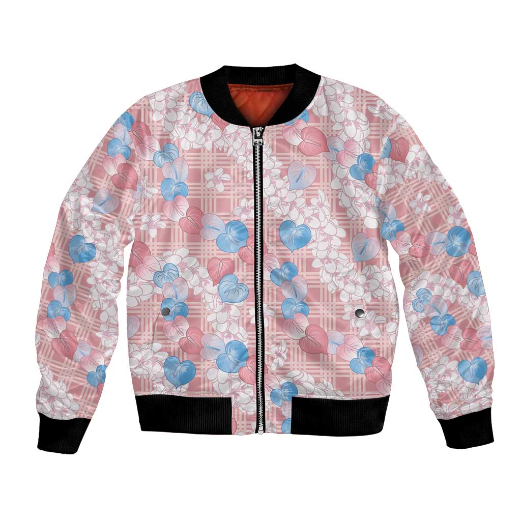 Anthurium Plumeria Lei Pastel Bomber Jacket Pink Hawaiian Splendid Palaka LT01 Unisex Pink - Polynesian Pride