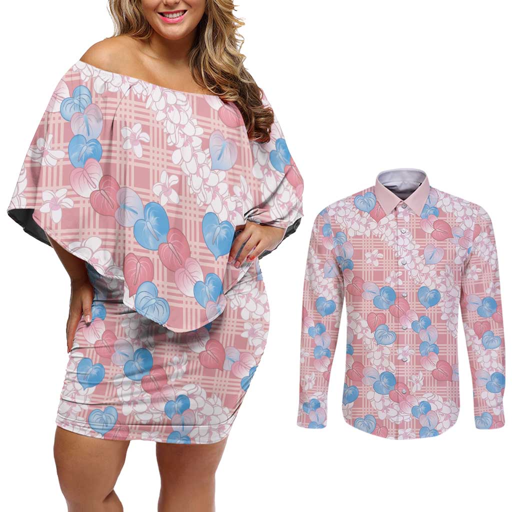 Anthurium Plumeria Lei Pastel Couples Matching Off Shoulder Short Dress and Long Sleeve Button Shirt Pink Hawaiian Splendid Palaka