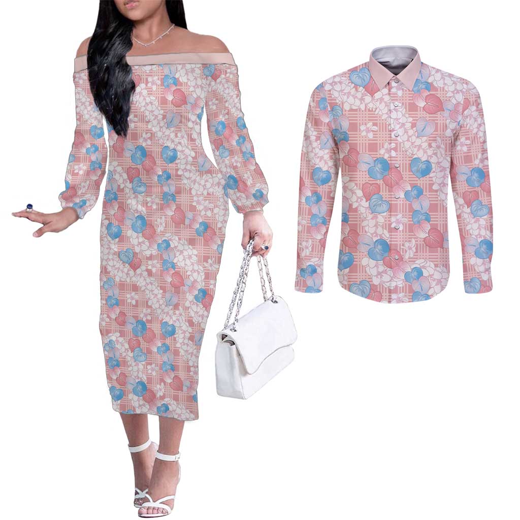 Anthurium Plumeria Lei Pastel Couples Matching Off The Shoulder Long Sleeve Dress and Long Sleeve Button Shirt Pink Hawaiian Splendid Palaka