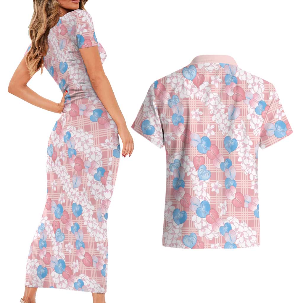 Anthurium Plumeria Lei Pastel Couples Matching Short Sleeve Bodycon Dress and Hawaiian Shirt Pink Hawaiian Splendid Palaka