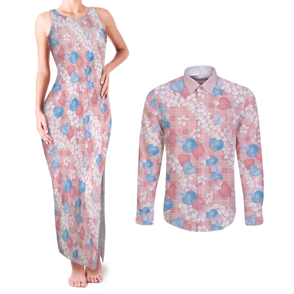 Anthurium Plumeria Lei Pastel Couples Matching Tank Maxi Dress and Long Sleeve Button Shirt Pink Hawaiian Splendid Palaka