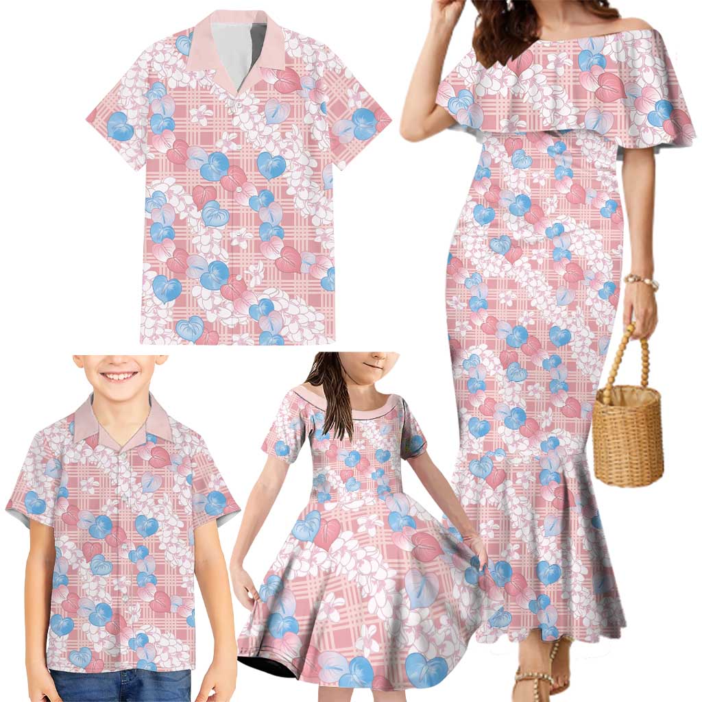 Anthurium Plumeria Lei Pastel Family Matching Mermaid Dress and Hawaiian Shirt Pink Hawaiian Splendid Palaka