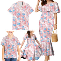 Anthurium Plumeria Lei Pastel Family Matching Mermaid Dress and Hawaiian Shirt Pink Hawaiian Splendid Palaka