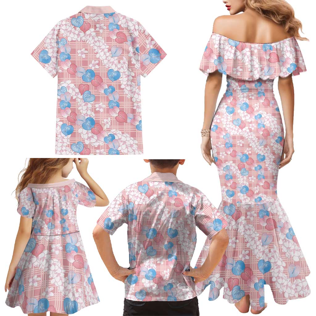 Anthurium Plumeria Lei Pastel Family Matching Mermaid Dress and Hawaiian Shirt Pink Hawaiian Splendid Palaka