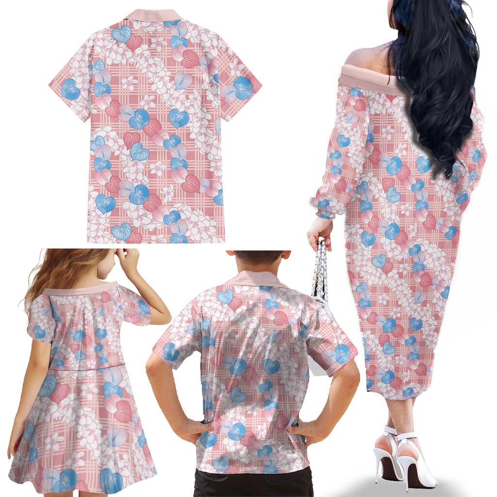 Anthurium Plumeria Lei Pastel Family Matching Off The Shoulder Long Sleeve Dress and Hawaiian Shirt Pink Hawaiian Splendid Palaka